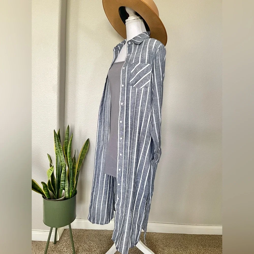 New - Striped Blue & White Sheer Swim Cover Up / Kimono / Button Up Shirt Dress - Picture 5 of 14